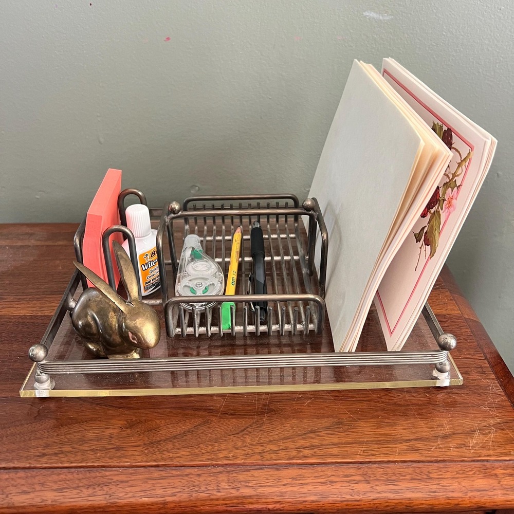Vntg Mid Century Lucite Letter Holder Silver Tone Metal Mail Organizer Desk